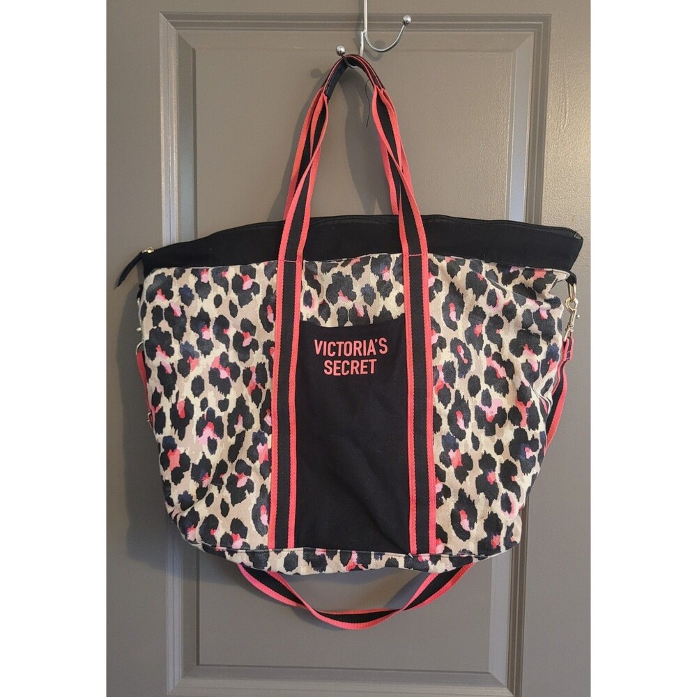 Victoria’s Secret Travel Bag Duffle Beach Tote Cotton Black Pink Leopard Print